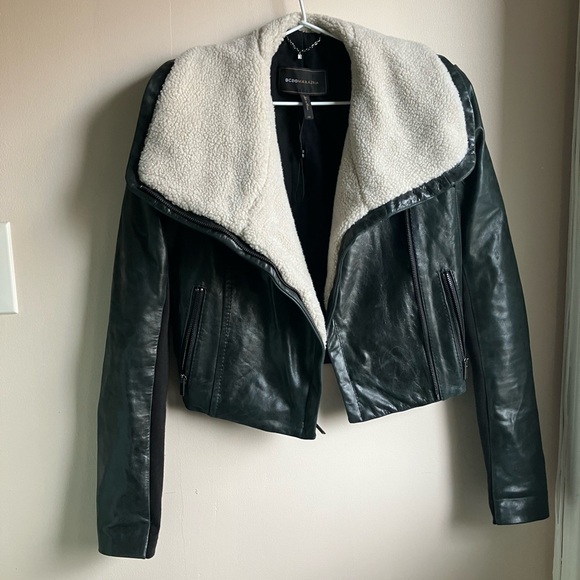 BCBGMaxAzria Green Leather Jacket with Wool Collar - Picture 6 of 12